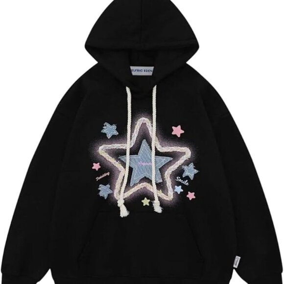 NWT Aelfric Eden Denim Star Applique Embroidery Hoodie Black Size XS Women - Picture 1 of 9